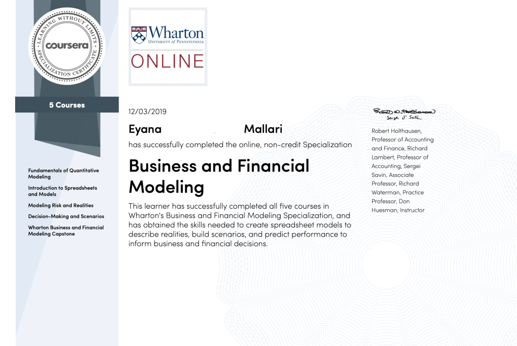 Business and Financial Modeling Specialization: A Review